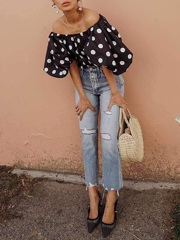 Black Polka Dot Off Shoulder Blouses