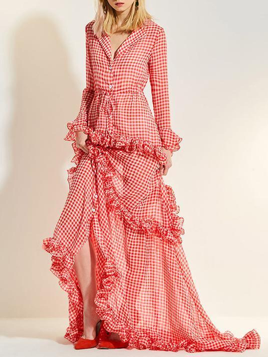 Plaid Lacy V-neck Floor Evening Dress