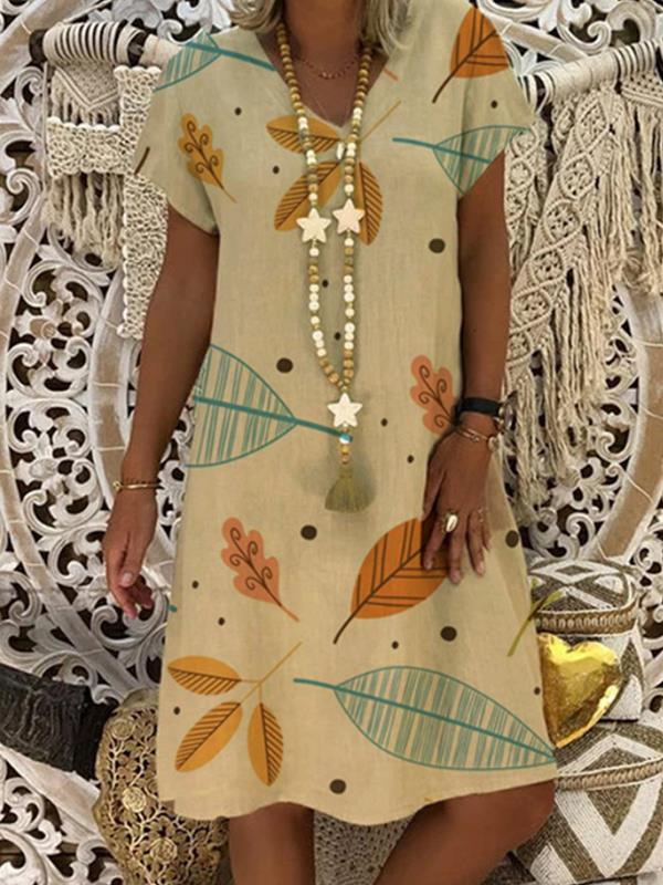 Fashion printed v-neck short-sleeved shift dresses