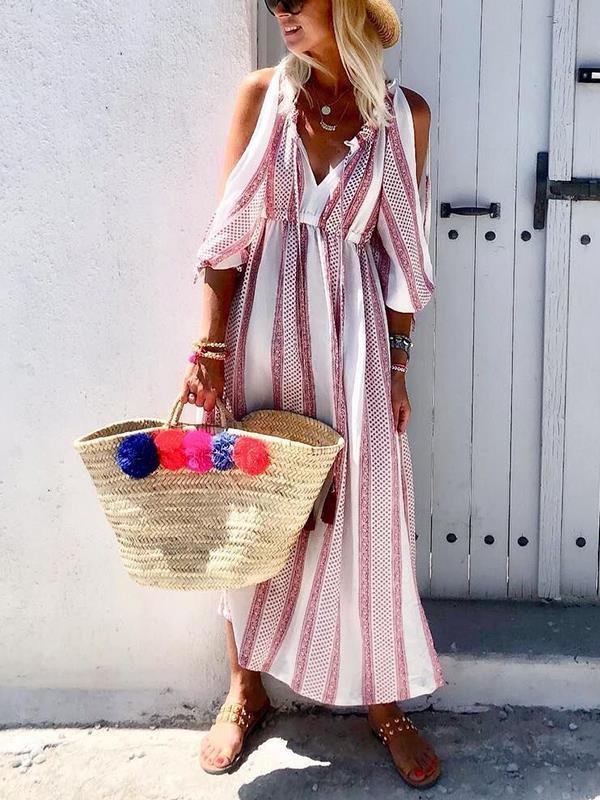 Fashion Printed floral ear v-neck off shoulder maxi vacation dresses