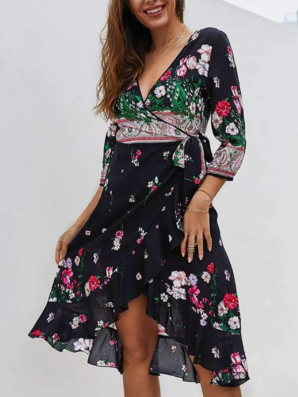 Bohemia Women Summer Floral Printed Chiffon Vacation Dresses