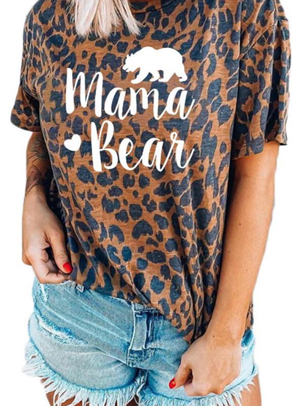 women leopard printed  round neck short sleeves T-shirts