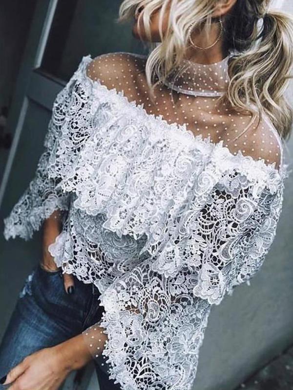 Fashion Mesh patchwork lace irregular cut-out off shoulder blouses