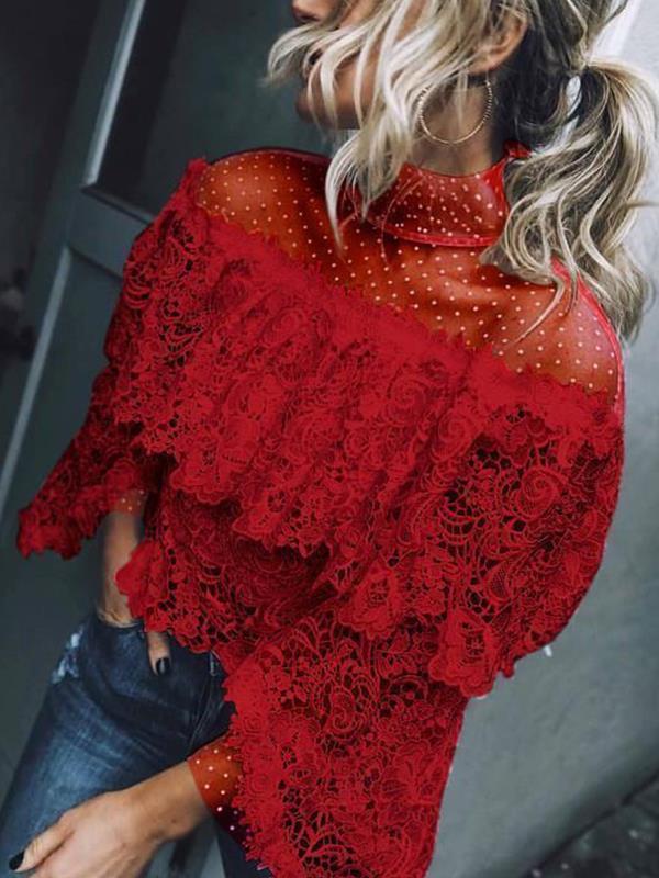 Fashion Mesh patchwork lace irregular cut-out off shoulder blouses