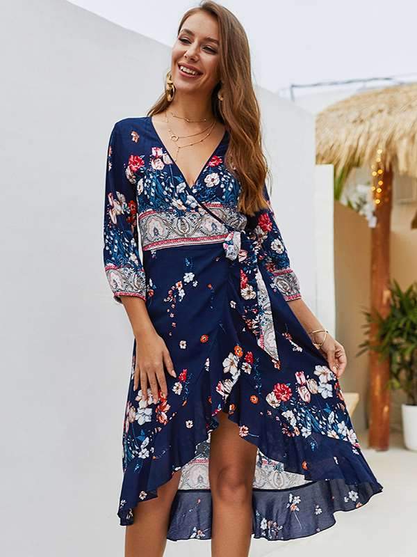 Bohemia Women Summer Floral Printed Chiffon Vacation Dresses