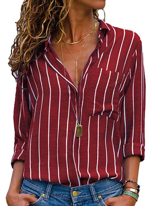 Chic Stripe Printed Woman Long Sleeve Spring Blouses