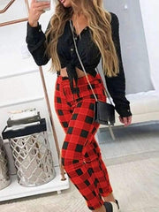 Casual pants checked printed Grid long pants