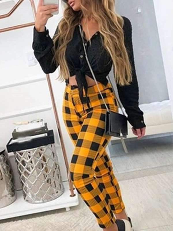 Casual pants checked printed Grid long pants