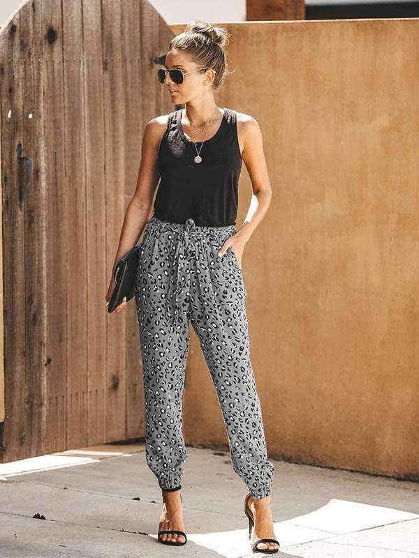 Women Casual Leopard Print High Waist Loose Harem Pants