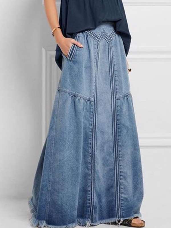 Simple denim fashion long women skirts with pockets