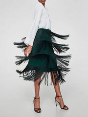 Woman Fashion Green Tassels Skirt