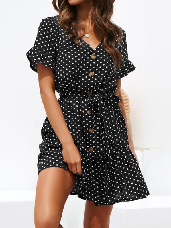 Fashion elegant V collar spotty chiffon skater dress