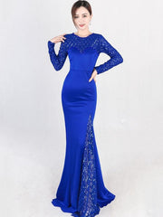 Sequined Contrast Plaids O-Neck Long Sleeves Sheath Backless Evening Dresses