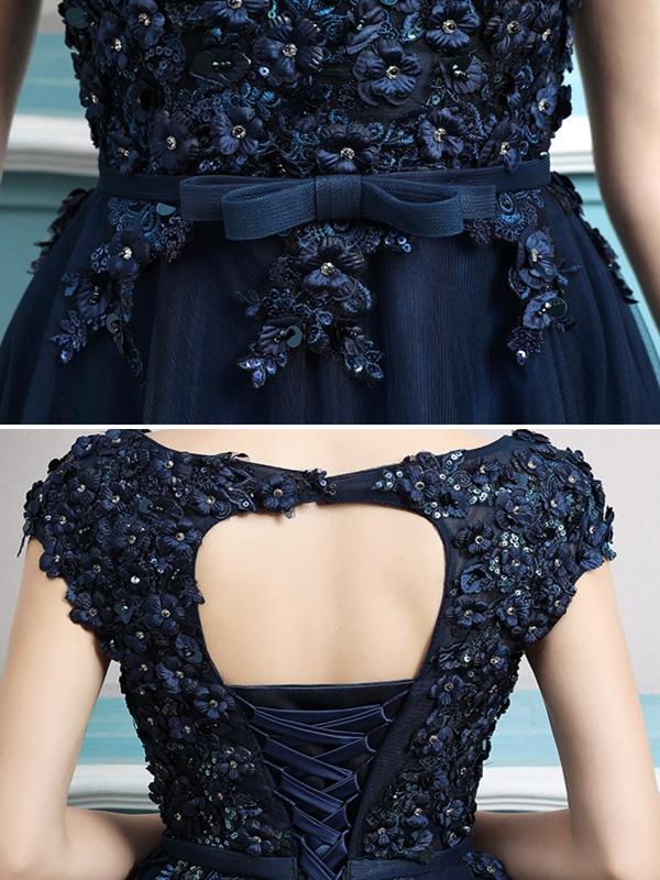 Embroidery Sequined Solid Color Sleeveless Tulle Stitching Prom Dresses