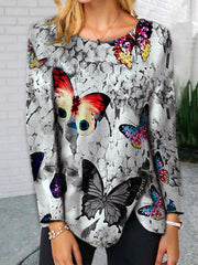 Fashion round neck butterfly hem button irregular long sleeve T-shirts