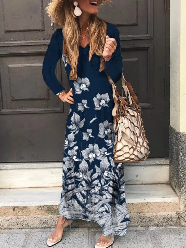 V-neck floral printed long sleeve long dress maxi dresses for women