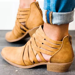 Plus Size Criss-Cross Ankle Heel Booties Hollow-out  Woman PU Boots