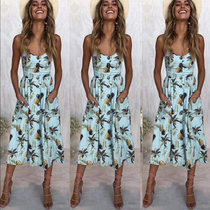 Strap V neck Women More Colors Print Backless Skater High Waist Shift Dress