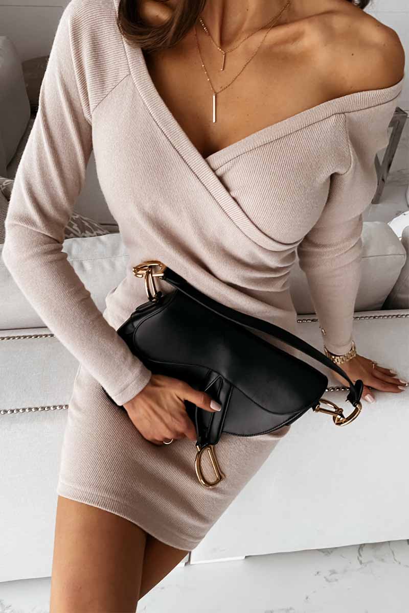 V-Neck Sexy Mocha Slim Fit Mini Dress