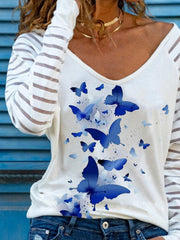 White Butterfly Printed V Neck Casual Long Sleeve Paneled Shift Shirts & Tops