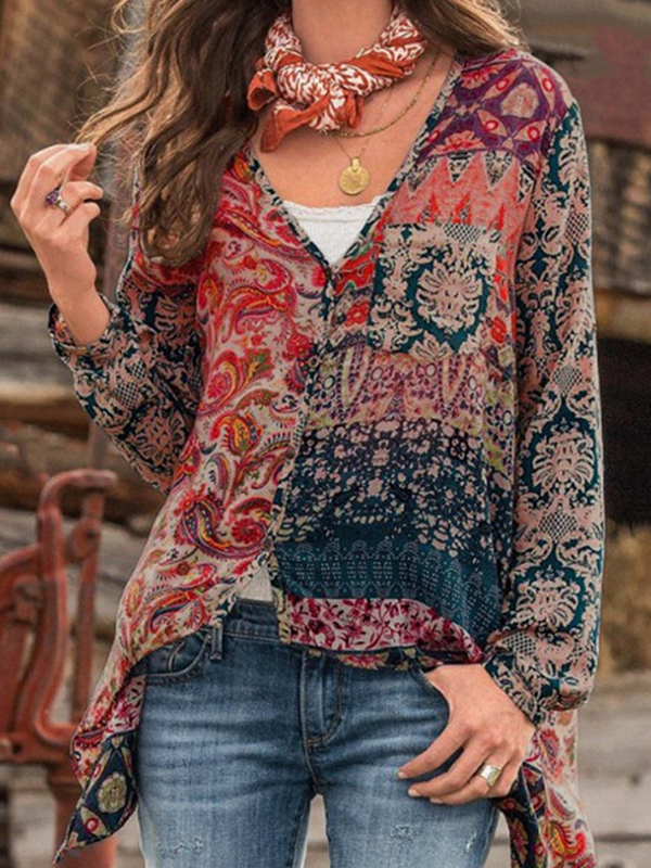 Casual V neck Printed Vintage Chiffon Blouses Tops