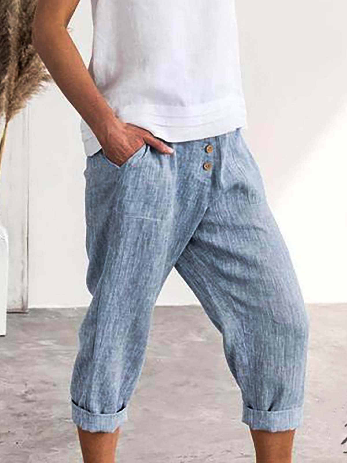 Casual Solid Color Cotton-blend Linen Cropped Trousers