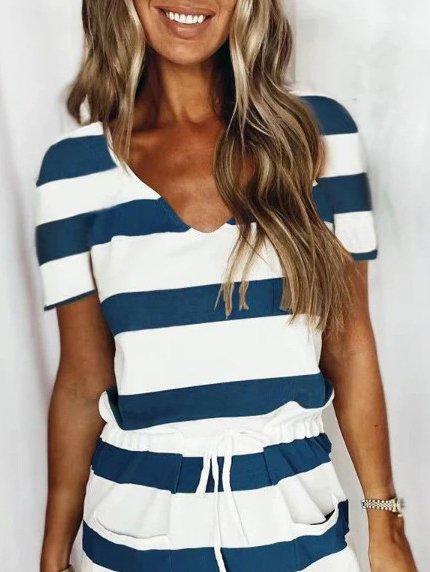 White-Blue V Neck Short Sleeve Dresses