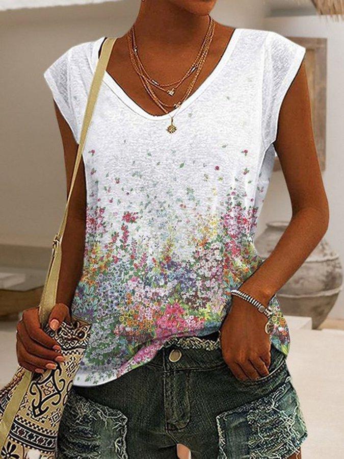 White Floral Cotton-Blend Sleeveless T-shirts