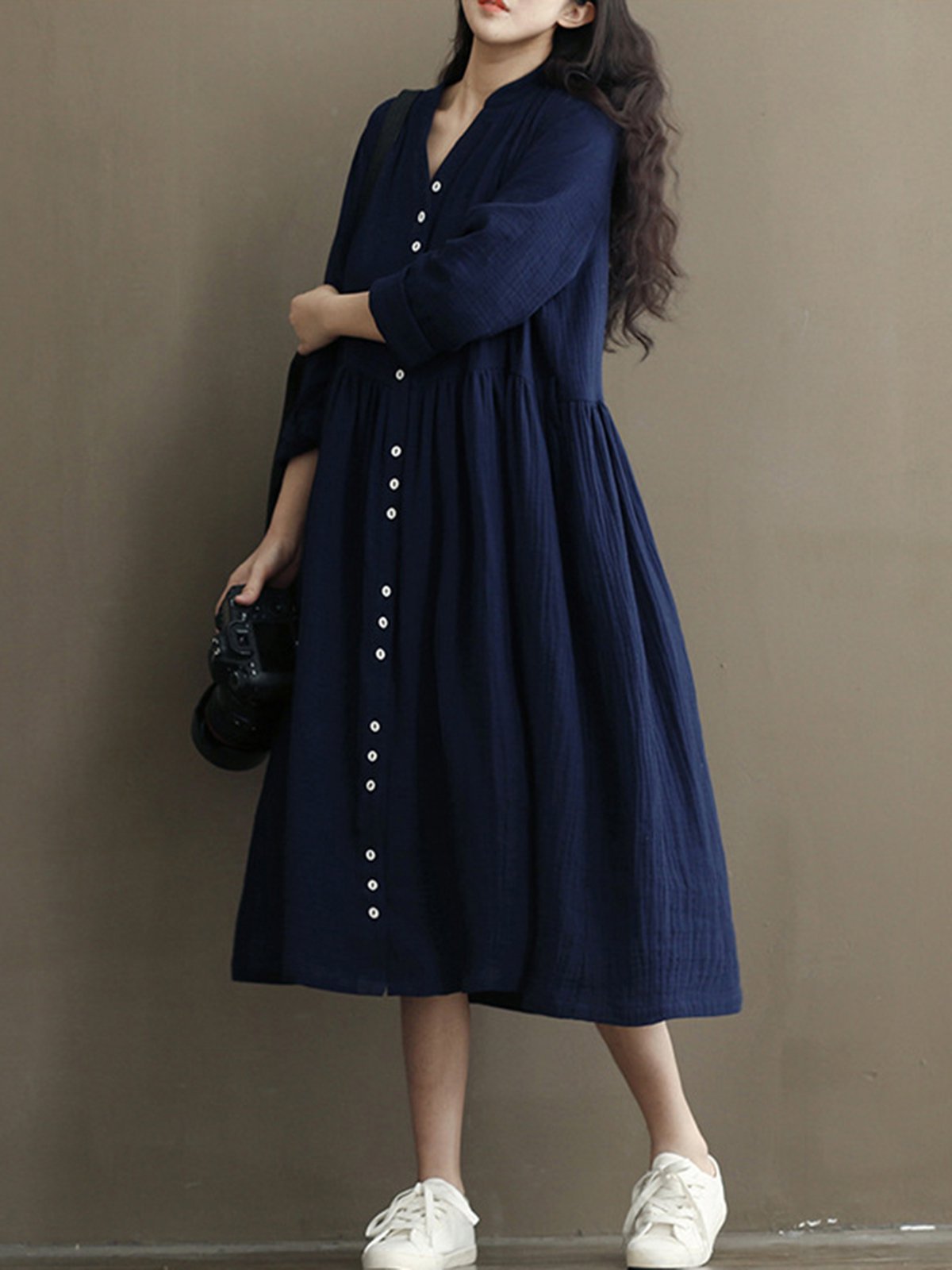 Blue A-line Long Sleeve Solid Casual Dress