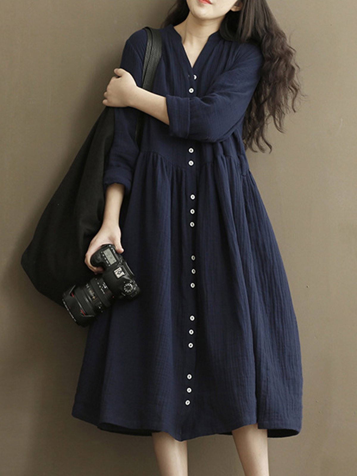 Blue A-line Long Sleeve Solid Casual Dress