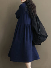 Blue A-line Long Sleeve Solid Casual Dress