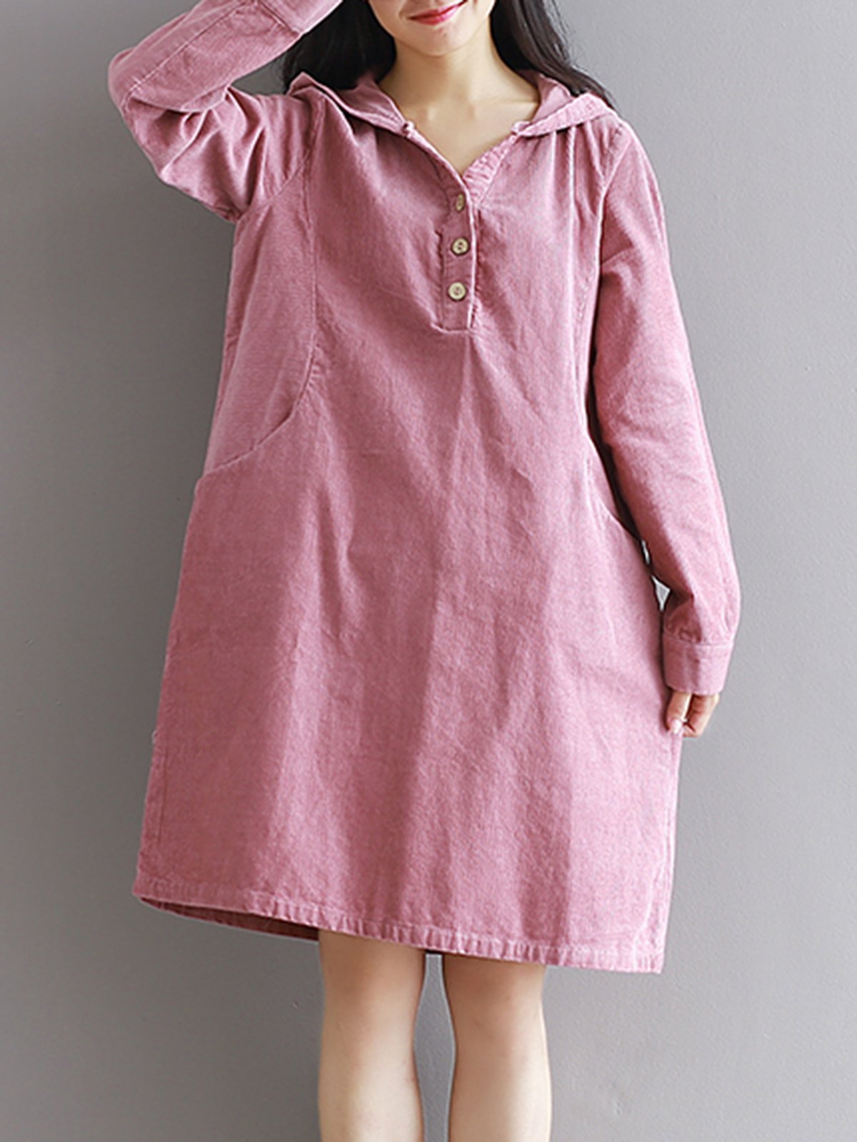 Buttoned Long Sleeve Casual Hoodie Dress