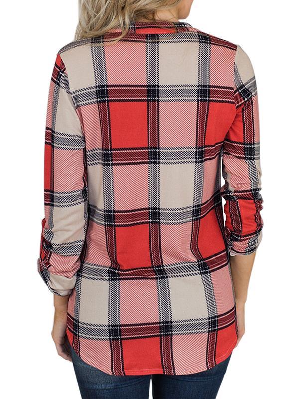 V neck women grid basic long sleeve blouses