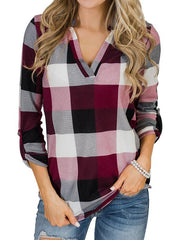 V neck women grid basic long sleeve blouses