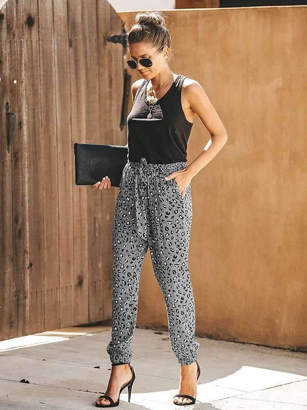 Women Casual Leopard Print High Waist Loose Harem Pants