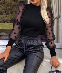 Women chic Polka dot round neck long sleeve blouses