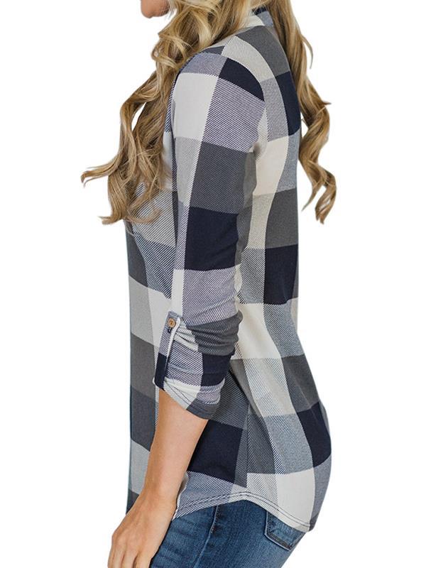 V neck women grid basic long sleeve blouses