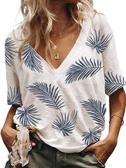 Daily Leaves Printed V neck Women Short Sleeve T-shirts