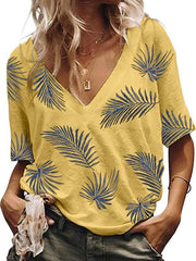 Daily Leaves Printed V neck Women Short Sleeve T-shirts