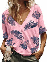 Daily Leaves Printed V neck Women Short Sleeve T-shirts