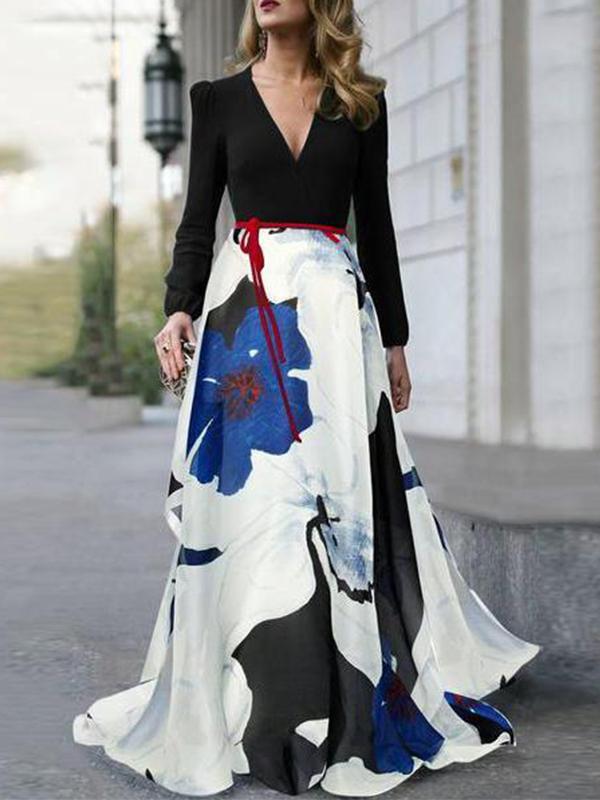 Elegant V-Neck Belt Floral Printed Long Sleeve Maxi Dresses