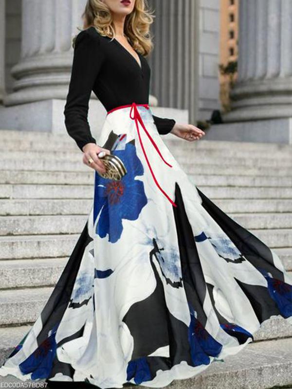 Elegant V-Neck Belt Floral Printed Long Sleeve Maxi Dresses