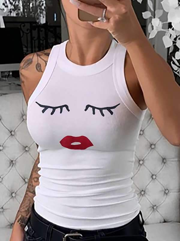 Sexy Round neck Sleeveless plain printed women vests