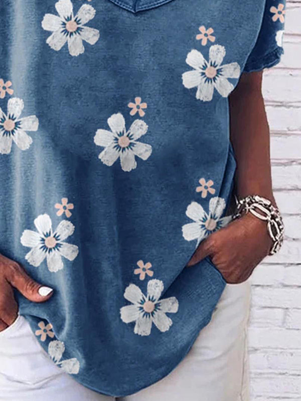 Beautiful flower  v neck short sleeve summer T-shirts