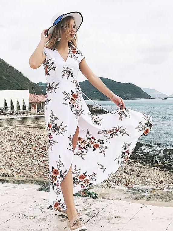 Fashion Print V neck Short sleeve Lacing Maxi Dresses