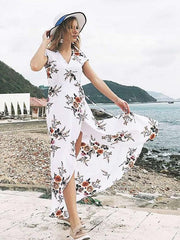Fashion Print V neck Short sleeve Lacing Maxi Dresses