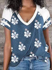 V neck women fashion printed flower T-shirts