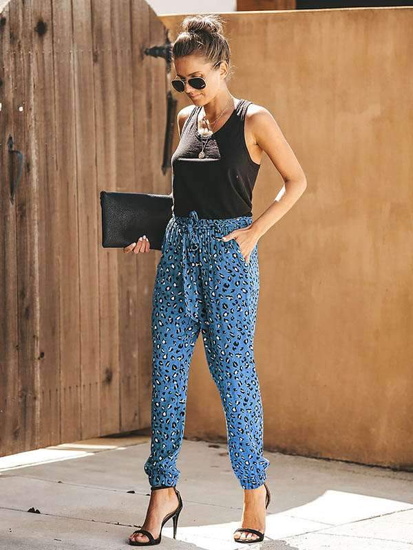 Women Casual Leopard Print High Waist Loose Harem Pants