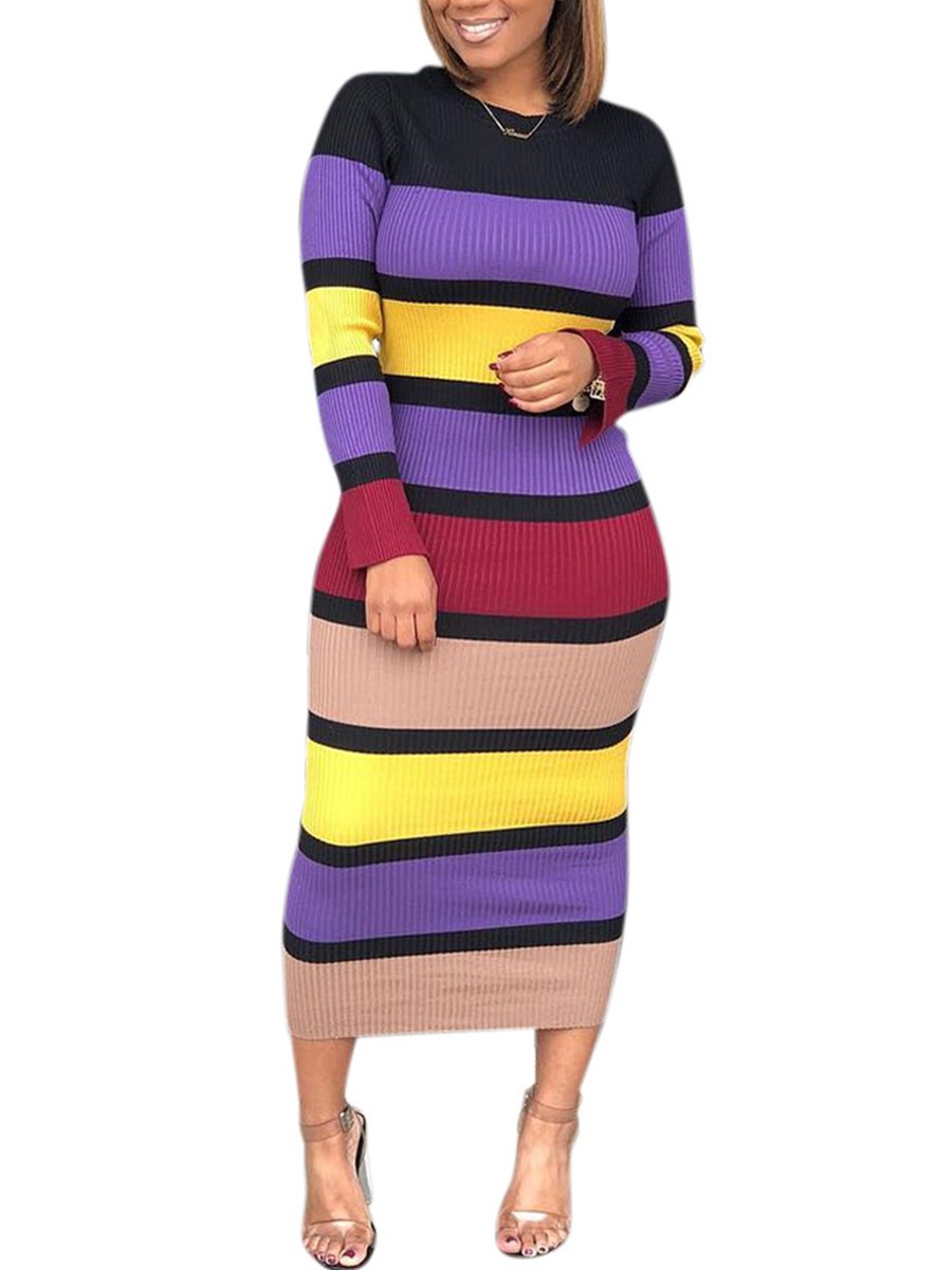 Woman Stripe Long Sleeve Kitting Casual Bodycon Dresses