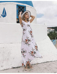 Fashion Print V neck Short sleeve Lacing Maxi Dresses